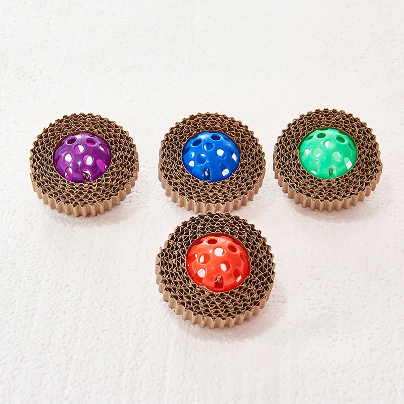 

Fun Corrugated Paper Cat Toy Plastic Ball Four Colors Resistance Grasping Bite Cat Toy Ball with Bell Educational Fitness