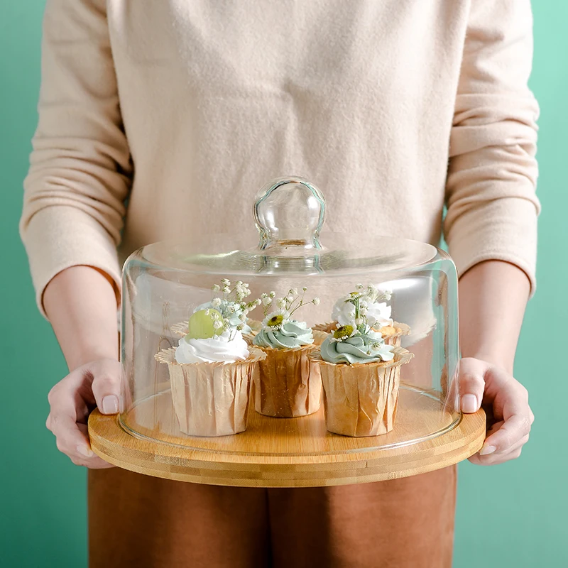 

New Rotating cake pan European style wooden glass lid fruit pastry plate cake tray decoration Dinnerware Sets DessertBreadPlates