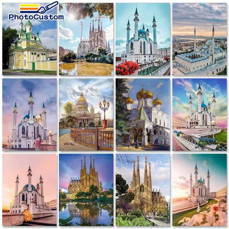 

PhotoCustom 60x75cm Paint By Numbers Castle Scenery DIY Oil Painting By Numbers On Canvas Frameless Number Painting Home Decor