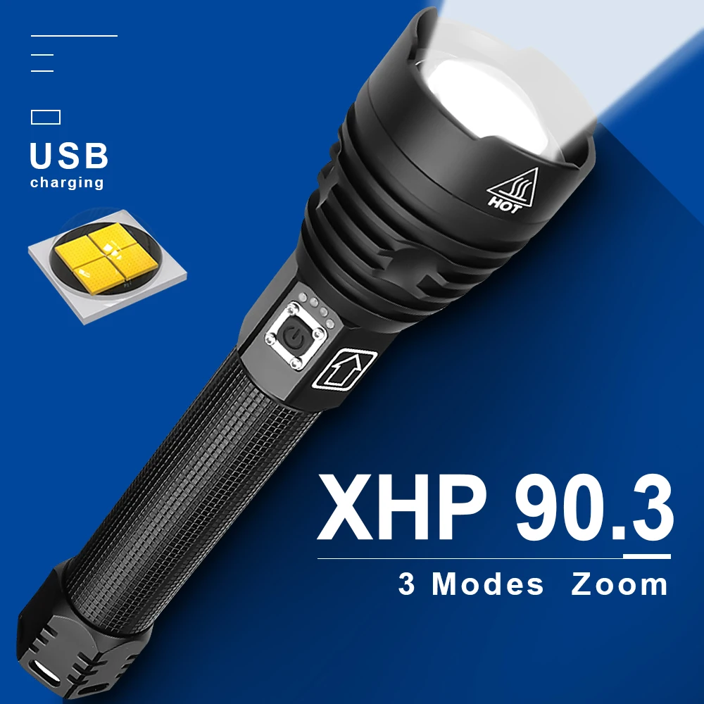 

450000LM Most powerful XHP90.3 led flashlight torch usb Rechargeable tactical Flashlight 18650 flash light XHP90 hunting lantern
