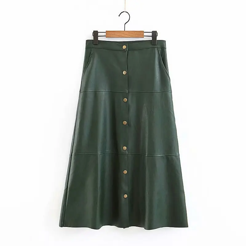 

2018 Western Style Autumn And Winter WOMEN'S Dress New Style Green PU Leather Single Breasted Skirt