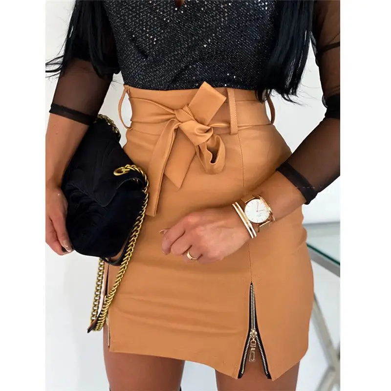 Fashion Sexy High Waist PU Leather Women Elegant Skirts Sashes Zipper Pencil Mini Length Spring Autumn Winter White Black Khaki | Женская
