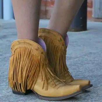 

Vogue Women Boots Nice Slip On Retro Square Heel Solid Color Suede Boots Ladies Boots Point Toe Shoes Tassel Shoes Woman