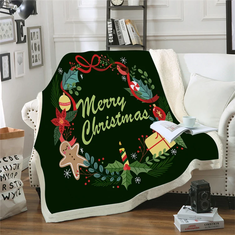 

3D Christmas Wreath Prints Blanket Warm Throw Flannel Blanket Bedspread on The Bed Merry Christmas for Kids Adults Blanket