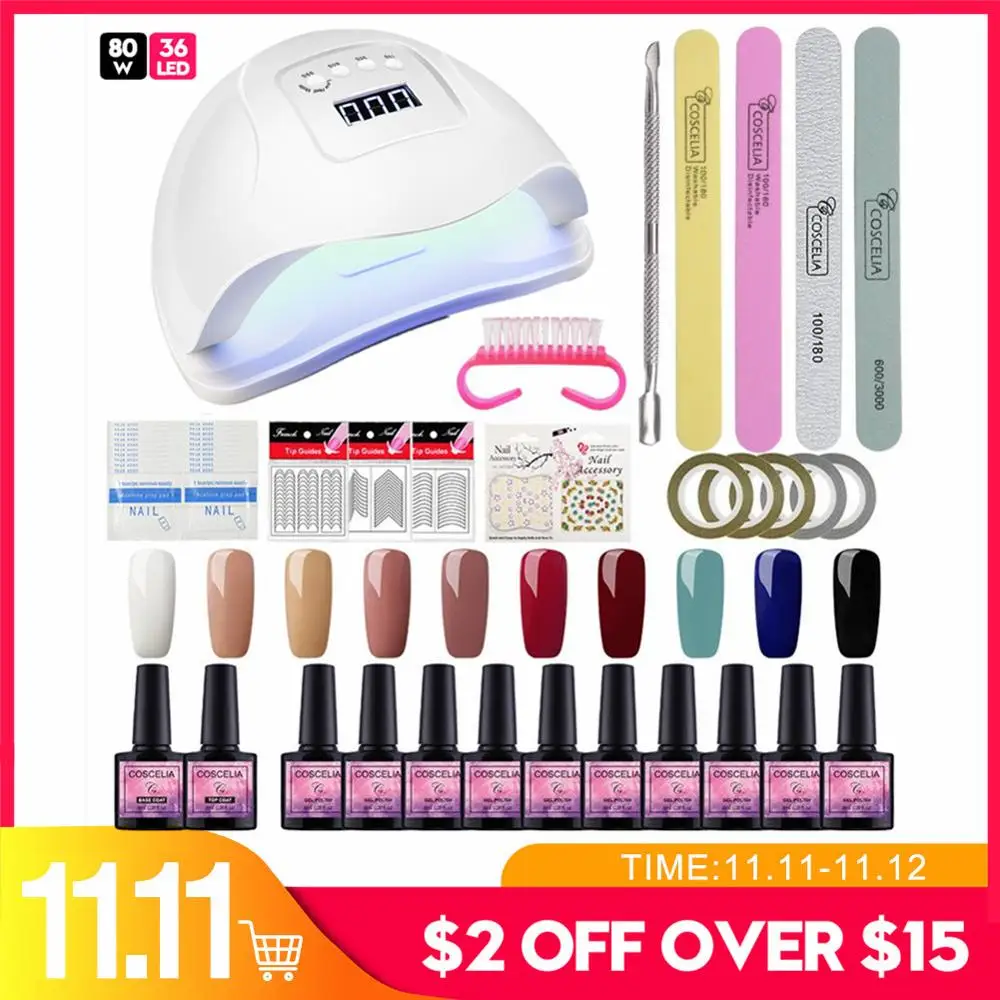 

Manicure Nail Set With 80W UV LED Lamp Dryer Top Base 10pcs Soak Off Nail Gel Polish Kit Manicure Tools Set For Nail Art Tools