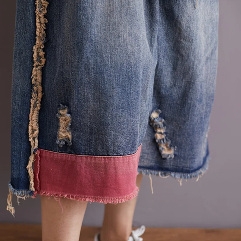 Свободные винтажные Лоскутные женские джинсовые юбки длинные осенние уличные джинсовые юбки с эластичной талией женские рваные джинсы Saia Longa