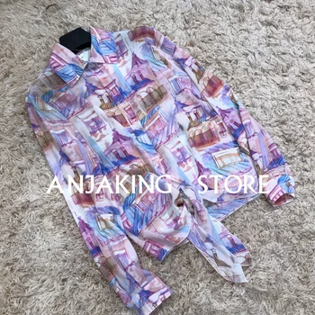 

Spring Summer 2020 Fashion Long Sleeve Silk Graffiti Print Top Lapel Street Shirt Elegant High Quality Silk Top