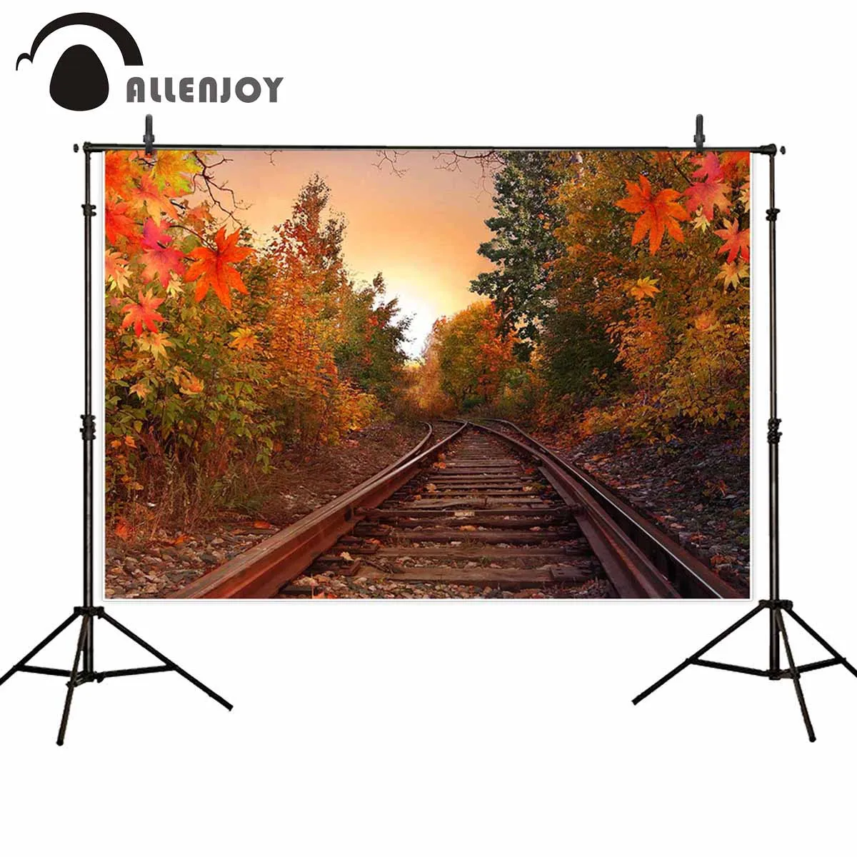 

Allenjoy photography studio backgrounds Autumn maple leaf railway country view sunset backdrop photocall photobooth photophone