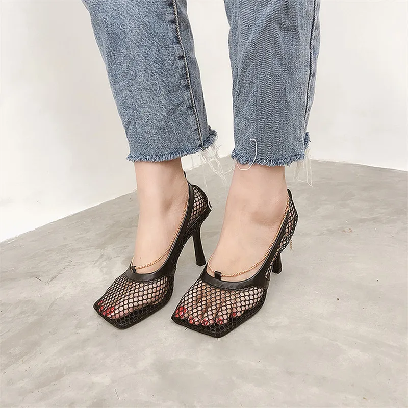 Summer New Mesh Hollow Women Pumps Square Toe Metal Chain Stiletto Heel Shoes Woman Sexy Slip On Ladies High Heels Shoes Sandals (11)