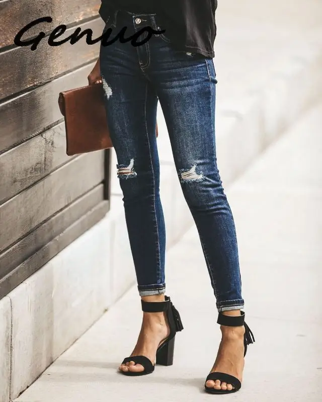 Сексуальные весенние новые рваные джинсы с высокой талией, женские Винтажные эластичные джинсовые штаны с кисточками, женские повседневные брюки-карандаш