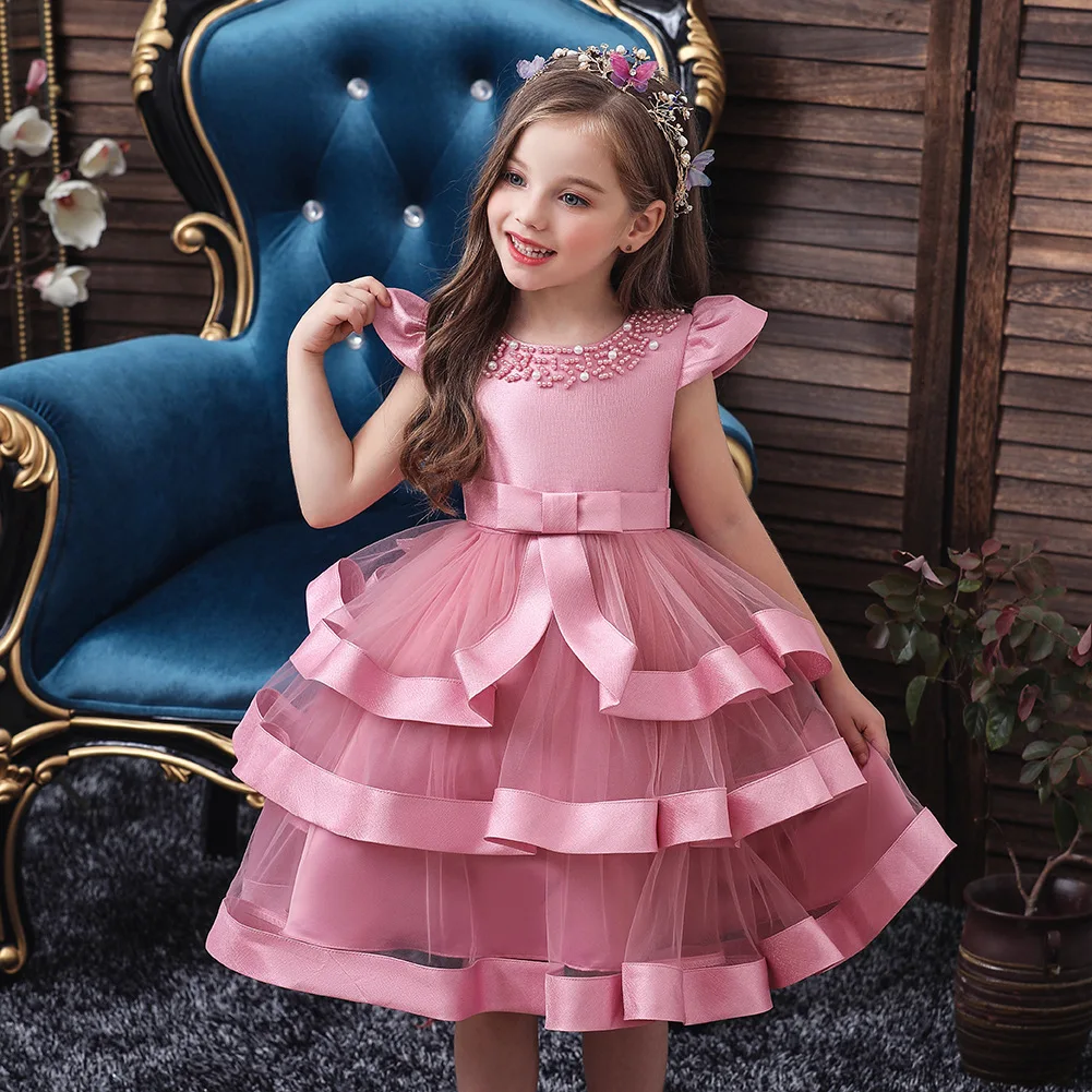 

Beaded Neck Wedding Gowns for Kids Pink Blue Flower Evening Tulle Dress Children's Elegant Party Dresses for Girls