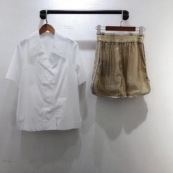 

Women Shorts Set Summer White Double-breasted Blouse And Sequin Shorts Fashion Suit Ladies 2 Piece Sets