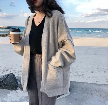 

Korean Fashion Autumn Sweater Coat Women Casual Long Sleeve V-neck Loose Cardigan Female Warm Long Tops