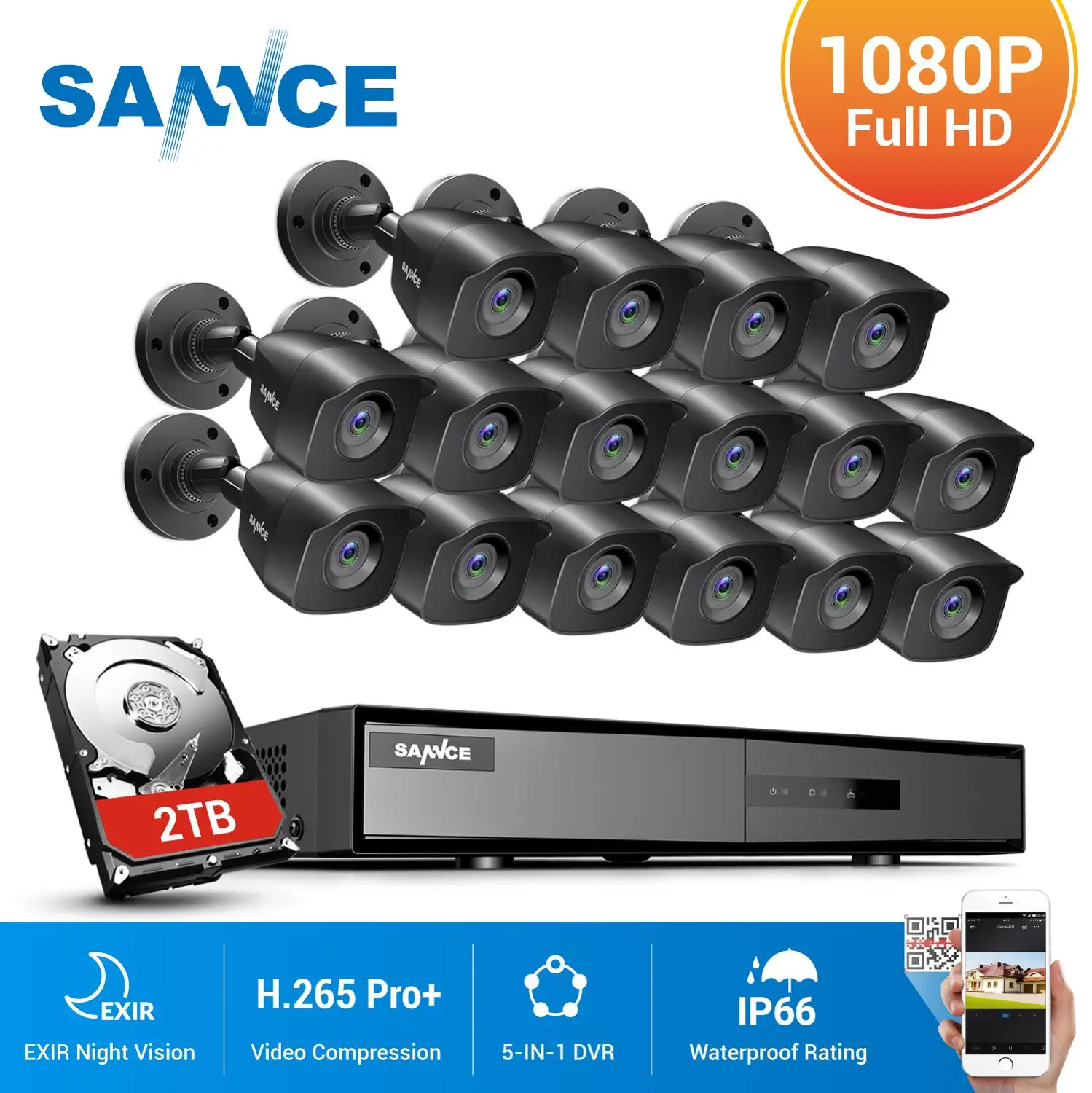 16 канальная система видеонаблюдения SANNCE каналов HD 1080P DVR шт. 1920*1080P ИК Наружные