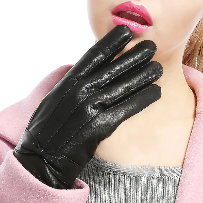 Новое поступление женские короткие перчатки Модные женские кожаные перчатки с бантом черные Мотоциклетные Перчатки Элегантные Guantes Invierno Mujer