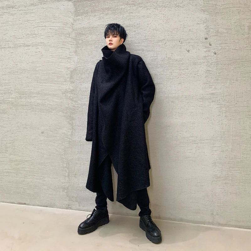 Для мужчин японский стиль уличная Винтаж Готический Шерстяной Кардиган Куртка Верхняя одежда Мужская Зимняя Длинная ветровка пальто для сцены