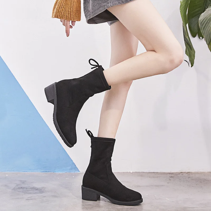 

Autumn and Winter Round-Headed Heavy-heeled Martin Boots, New Slim Boots, Socks, Boots, Elastic Middle-heeled Shoe Girls
