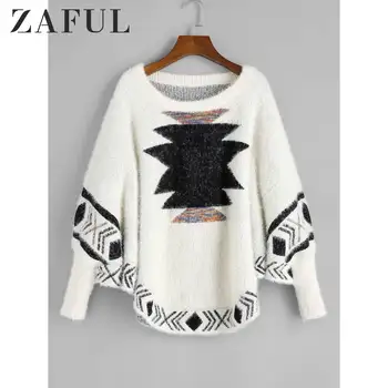 

ZAFUL Fuzzy Christmas Graphic Batwing Knit Sweater For Women Faux Fur Poncho Sweater Round Neck Geometric Printed Pullovers