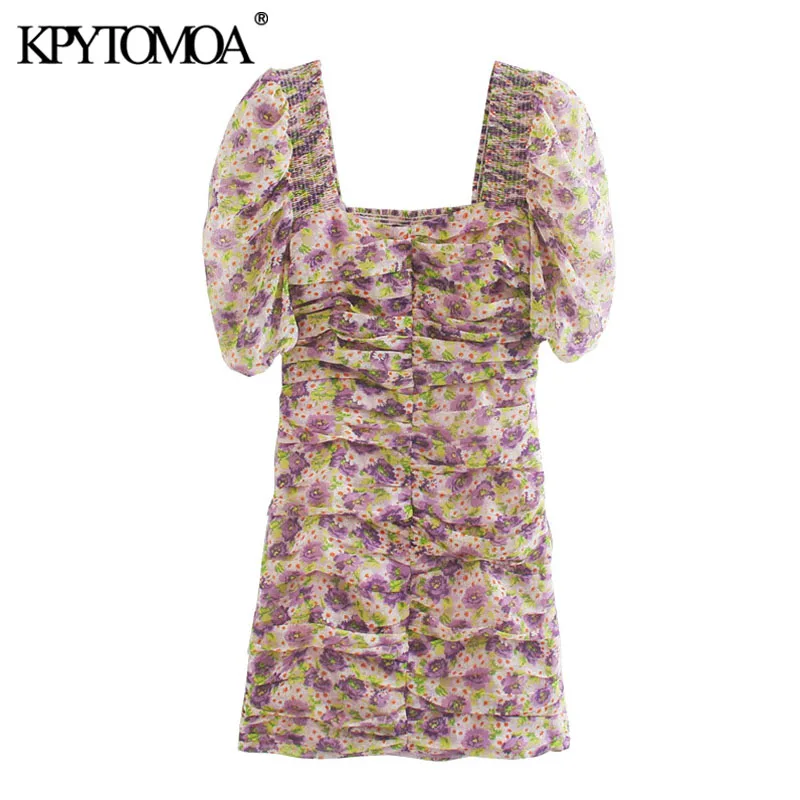 KPYTOMOA Women 2020 Chic Fashion Floral Print Draped Mini Dress Vintage Lantern Sleeve Back Elastic Pleated Female Dresses Mujer KPYTOMOA Women 2020 Chic Fashion Floral Print Draped Mini Dress Vintage Lantern Sleeve Back Elastic Pleated Female Dresses Mujer