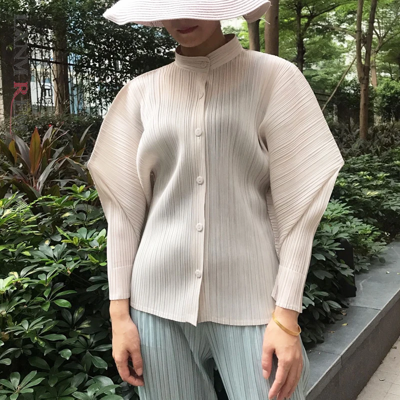 LANMREM 2020 fashion new pleated famale's blouse solid color stand collar Single-breasted shirt for women YH672 | Женская одежда