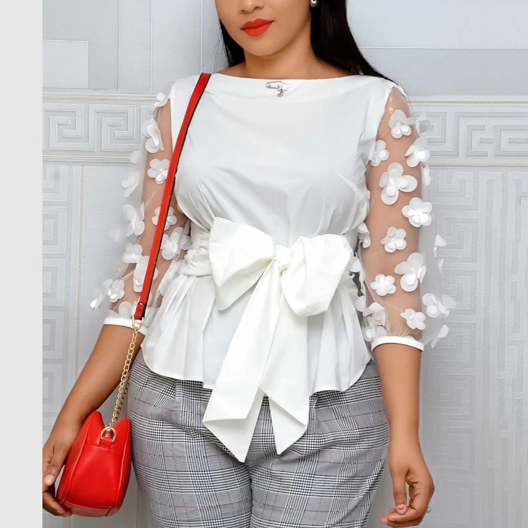 Blusas elegantes para mujer, camisas rojas, amarillas, con lazo sólido y mangas transparentes, blusas a la moda, nuevas de 2021| Blusa| - AliExpress