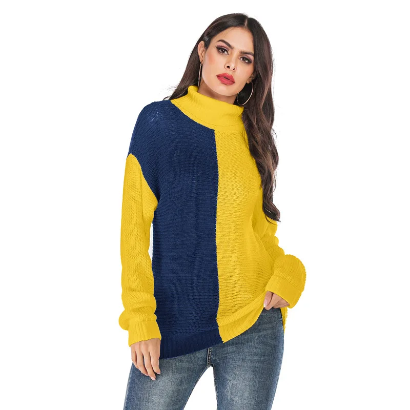 CHRLEISUR свитер с высоким воротником женский свитер контрастного цвета плотный Теплый Женский Повседневный свободный свитер большого размера