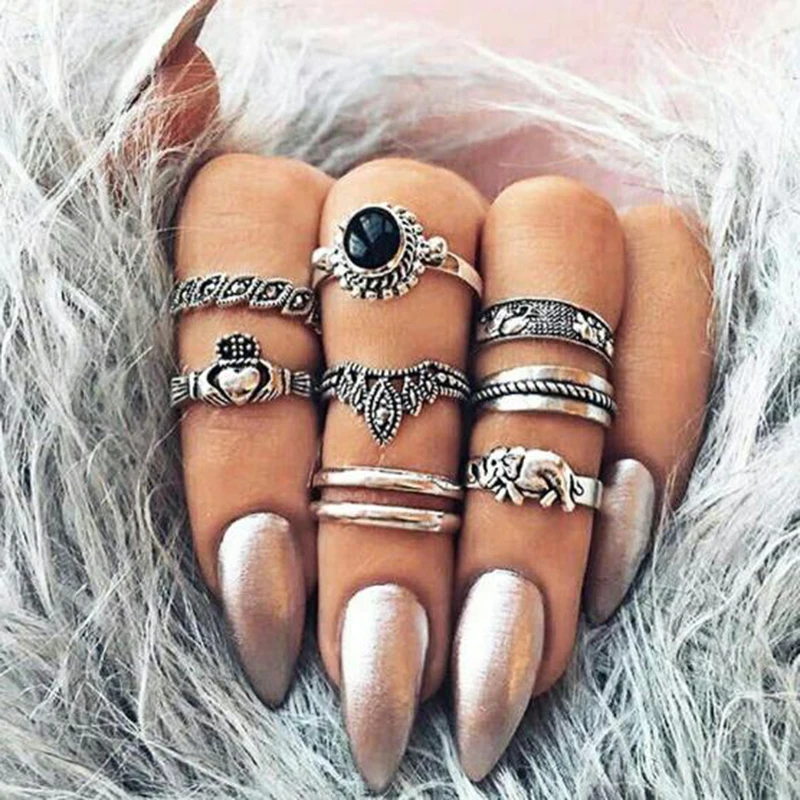 

Jewdy 8pcs/lot vintage ring set boho midi ring set for women big stone elephant knuckle Rings