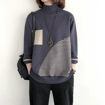 

Turtleneck Sweater Women's Autumn and Winter New Part Stripe Color Matching Pullover Loose Large Base Clothing