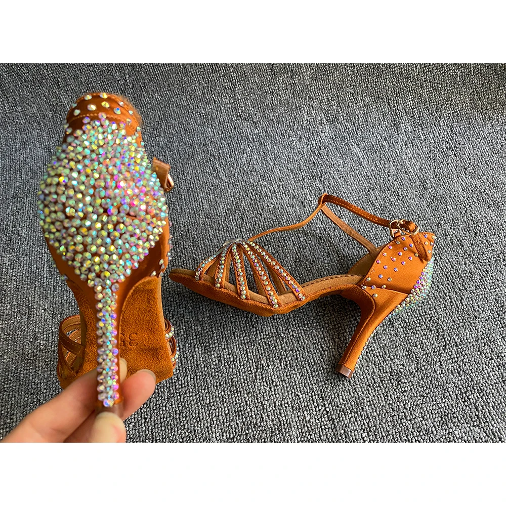 Latin Dancing shoes Women Soft Outsole Tan color 8.5cm slim high heel Rhinestones Latin Bachata Salsa Dance Shoes for Girls  013