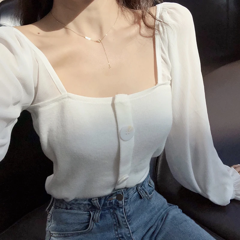 Women Slim Patchwork Chiffon Full Lantern Sleeve Square Collar Cropped T-Shirts Lady Knitted Stretchy Crop Tops Tshirt For Girls