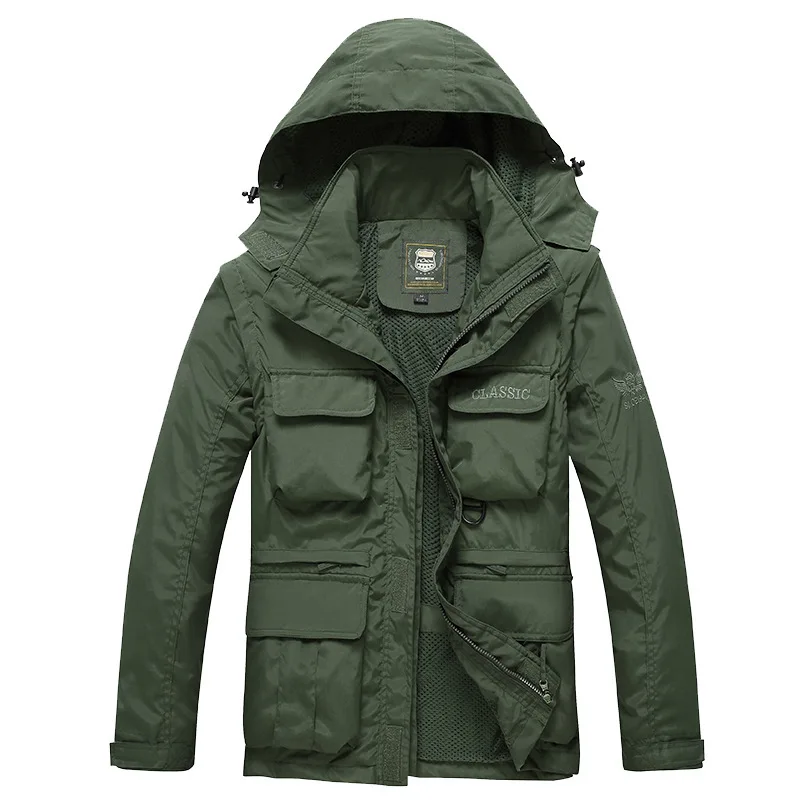 ReFire Gear Autumn Military Jackets Hooded Men Multi-pocket Army Tactical Cargo Jacket Casual Convertible Sleeve Windproof Coats - Цвет: Army Green