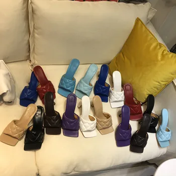 

EMMA KING Genuine Leather Quilted High Heel Sandals Retro Sexy Women Outdoor Beach Slipper luxury Chic Square Toe Shoes