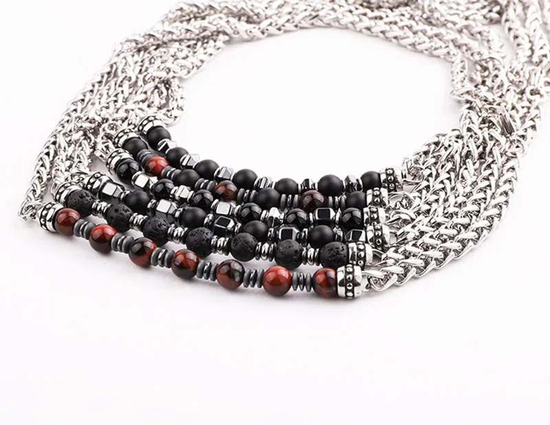 Dropship New Design Natural Stone Stainless Steel Chain Beaded Bracelet Men Jewelry Gift - Image 2