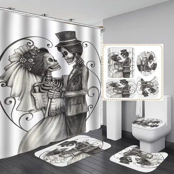 

Shower Curtain Set Bathroom Mat With Area Rug Toilet Cover Halloween Printing European And American Romantic Style