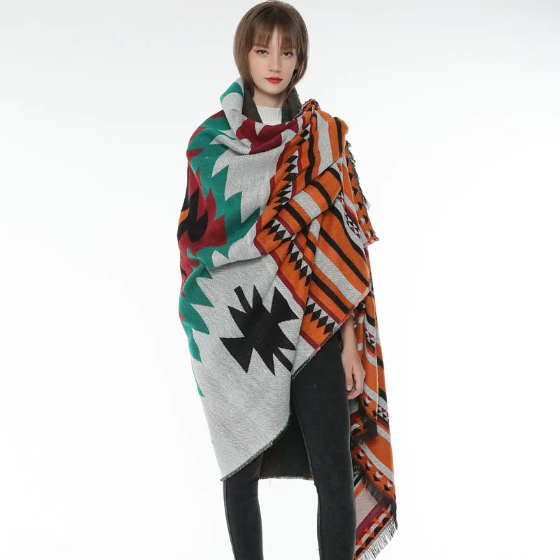 

Europe And America Hot Sales New Style National Style Geometry And Stripes Blanket Extra-large Thick Shawl Cloak