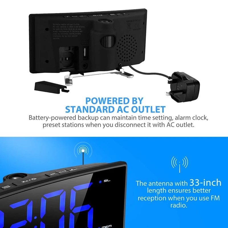 Зеркальный FM радио будильник с проекцией времени светодиодный цифровой ...