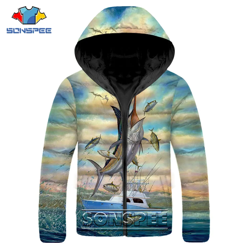 Sailfish Fishing Casual Parkas 3D Print Deep Sea Creatures Coat Winter Men Women Fashion Zipper Hooded Warm Thick Puffer Jacket