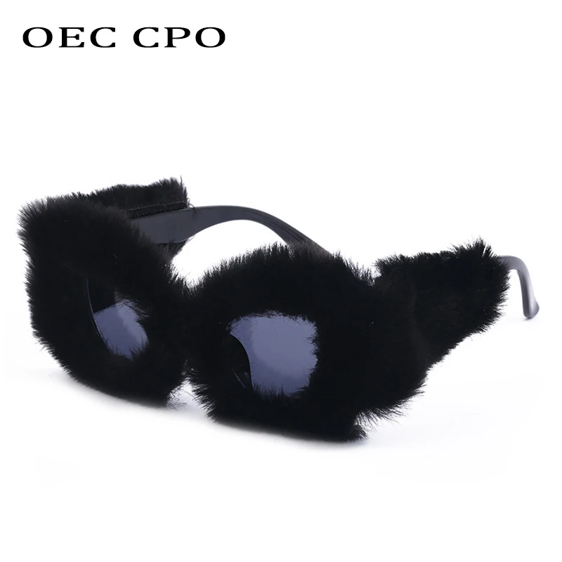 OEC CPO Ladies Soft Fur Velvet Cat Eye Sunglasses Women Fashion Colorful Handmade Sun Glasses Female Trendy Shades UV400 Eyewear