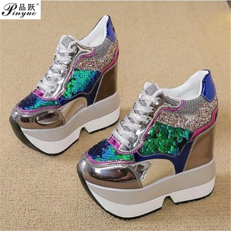 Zapatos informales de plataforma alta para mujer, zapatillas de suela gruesa 13 cm, color dorado y otoño|Zapatos de tacón de mujer| - AliExpress