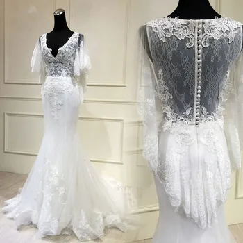 

Chic White Lace Mermaid Wedding Dress Sheath New Design Short Sleeve Illusion Bridal Formal Gown Custom Made Vestido de Casament