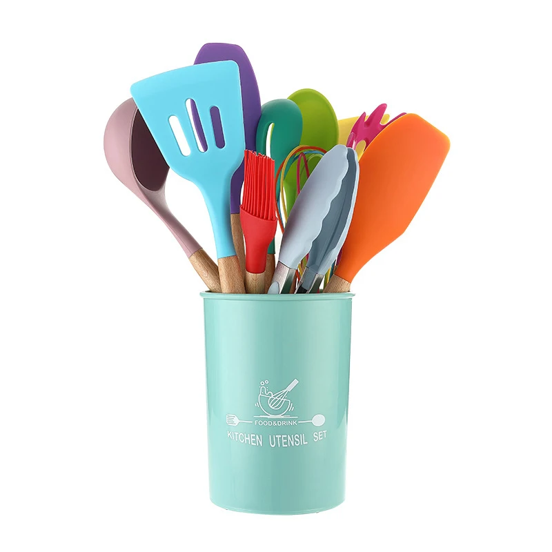 

11Pcs Silicone Wooden Handle Cooking Tools with Storage Bucket Polychrome Kitchen Utensils Set Kitchenware Cookware Accessories