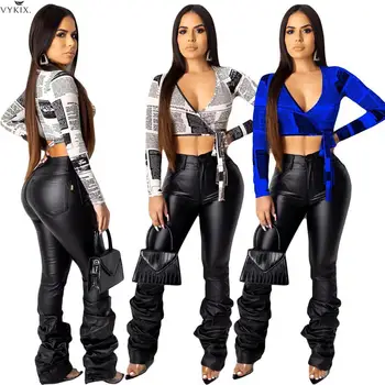 

Fashion Womens Clothing Side Lace Up Sexy Deep V Neck Crop Top Long Sleeve Printed Short Tops Party Wear Slim Tops Club Outfits