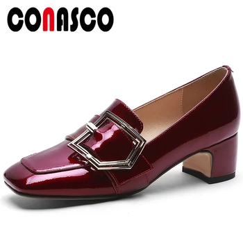 

CONASCO New Fashion Women Cow Patent Leather Party Casual Shoes Metal Buckles Decoration Thick Heel Square Toe Shoes Woman