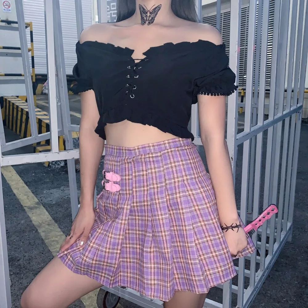 Новое поступление готический панк Harajuku женские шикарные элегантный дизайн фиолетовые клетчатые плиссированные женские модные мини юбки