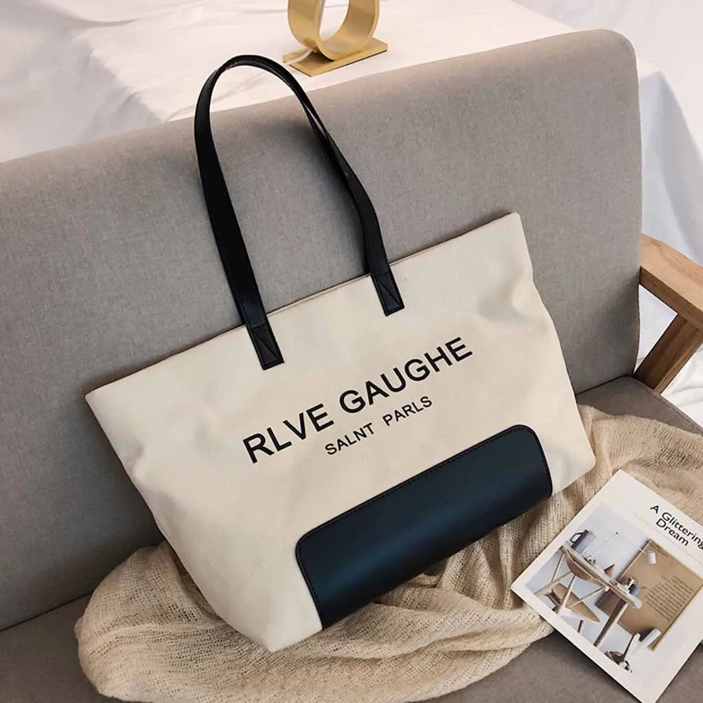 

Beauty Patchwork Shopping Bag Single Shoulder Black Green Canvas Cloth Bag Zipper Reusable Eco Shopping Bag Retro Beach Handbag