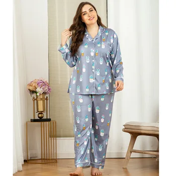 

DOIB Women Plus Size Pajamas Grey Lapel Leaf Print Large Size Nightwear Two Pieces Set Short Sleeve Trousers Female Sleepwear