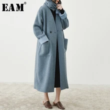 [EAM] свободное приталенное двубортное шерстяное пальто с карманами большого размера, парки, новинка, длинный рукав, женская мода, Осень-зима, 1A862
