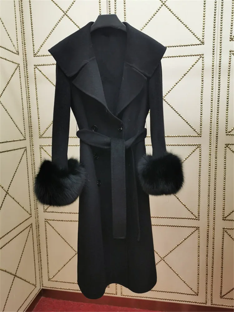 Высокое качество Элегантный тонкий костюм воротник кашемировое пальто для женщин натуральный Лисий Мех Манжеты двухстороннее шерстяное пальто для женщин - Цвет: Черный