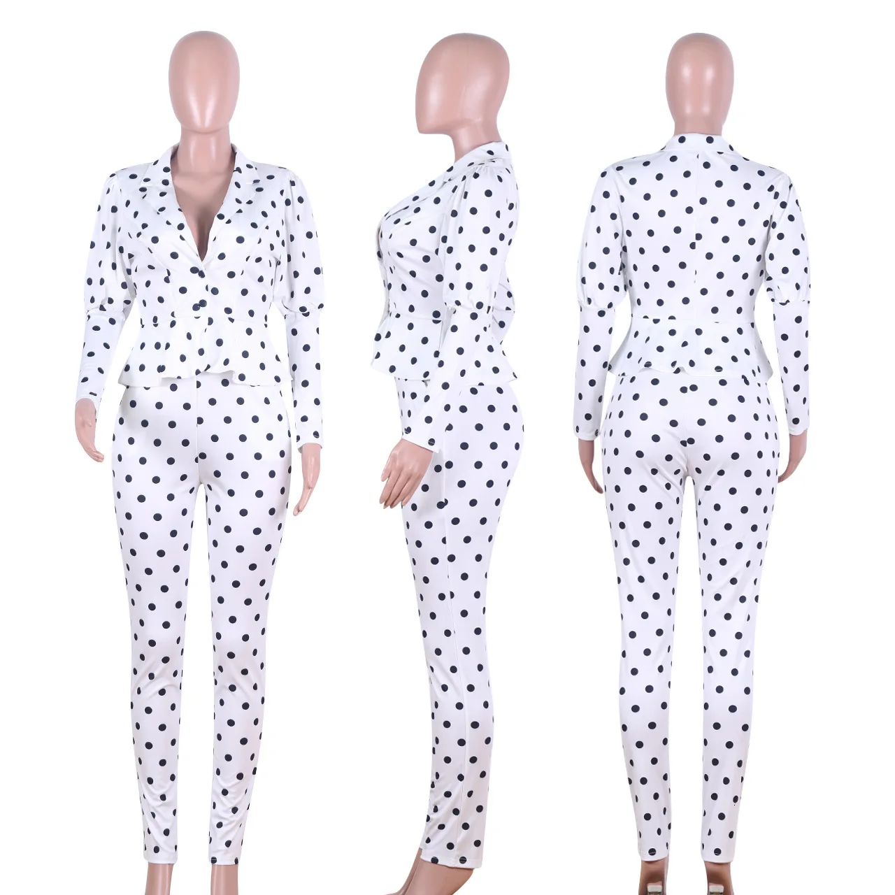 White Women Blazer Suit Polka Dot 2 Piece Set Office Lady Blazer Set Autumn Winter Elegant Slim Outfit Pencil Pants Matching Set