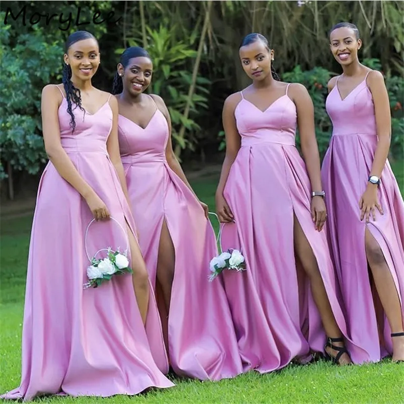 Bridesmaid Dresses Spaghetti Straps Floor Length A-Line Sweep Train Side Slit Satin Pleated Wedding Party Bridemaid Dresses Bridesmaid Dresses Spaghetti Straps Floor Length A-Line Sweep Train Side Slit Satin Pleated Wedding Party Bridemaid Dresses
